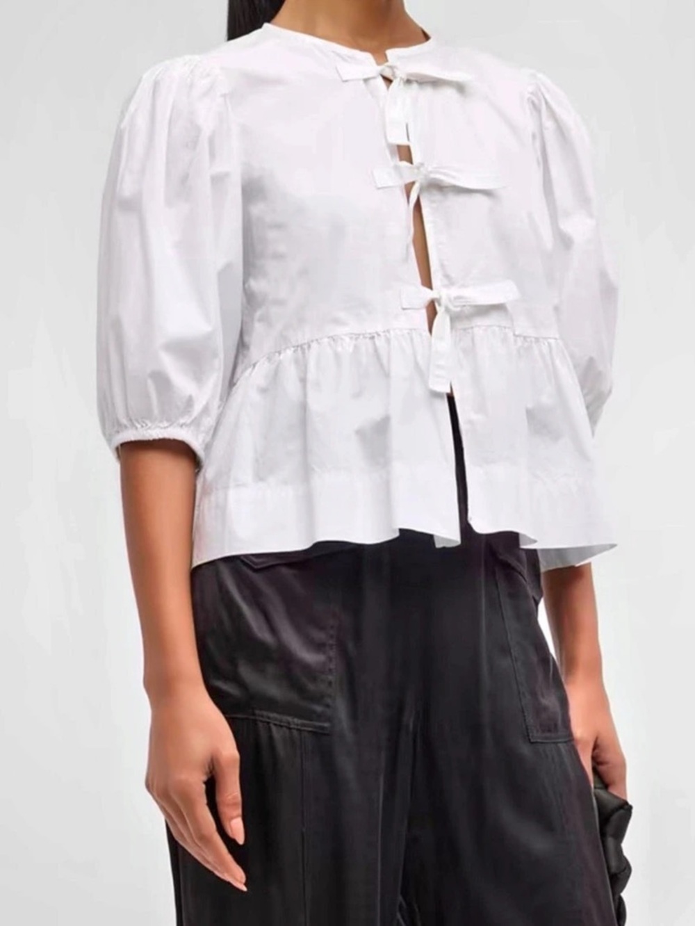 GANNI Poplin Tie-Front Peplum Blouse White Medium
